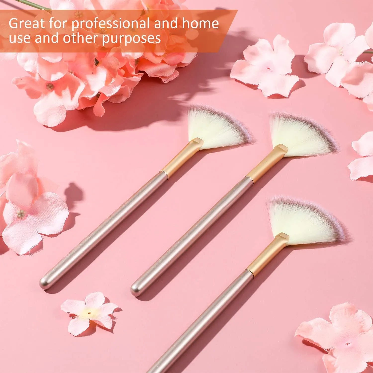 10 professional facial fan brushes with champagne finish acrylic handles and soft fibre bristles