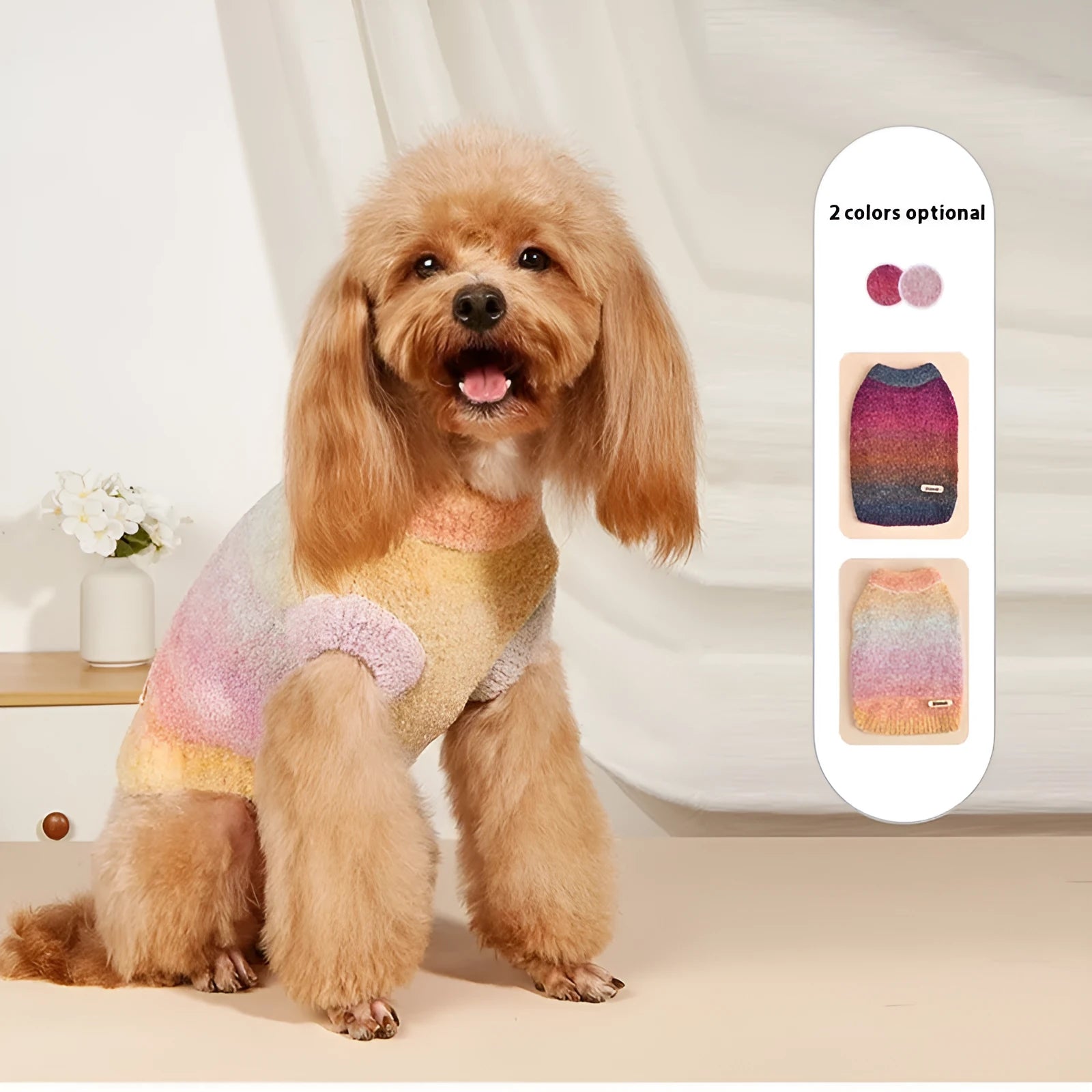 Dopamine style rainbow circle pattern dog sweater in wool acrylic blend fabric