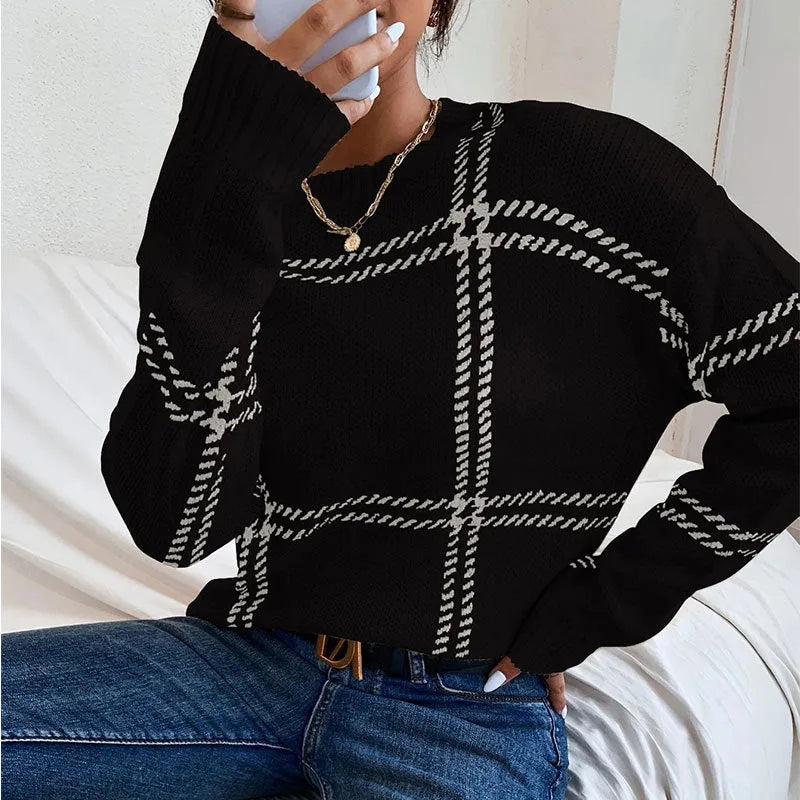 Women's plaid colour-block acrylic sweater with crew neck and loose fit in multiple colour options