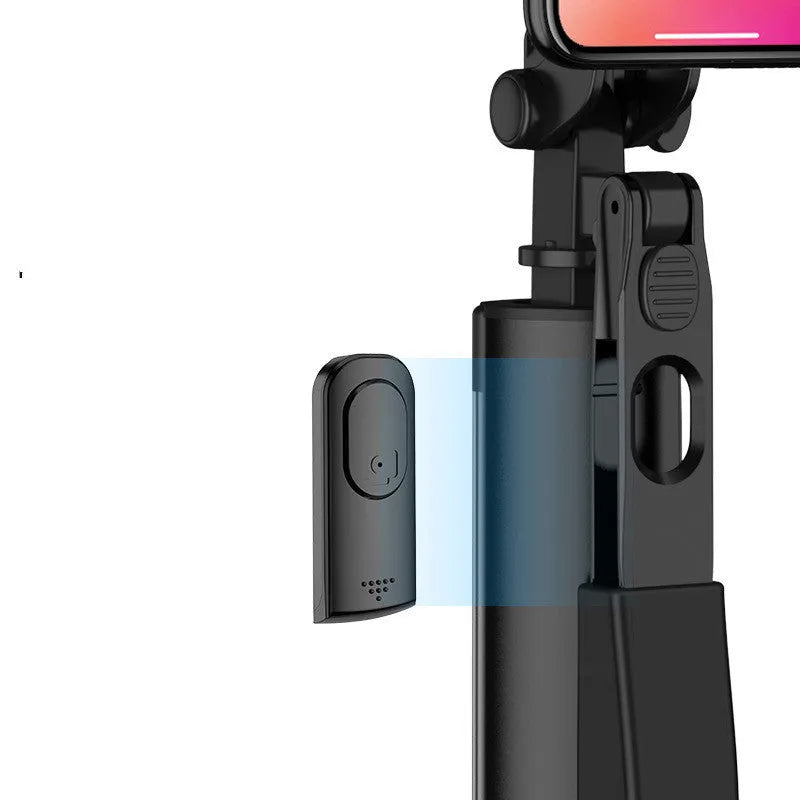 Black aluminium alloy Bluetooth selfie stick with tripod legs extended and a remote control.
