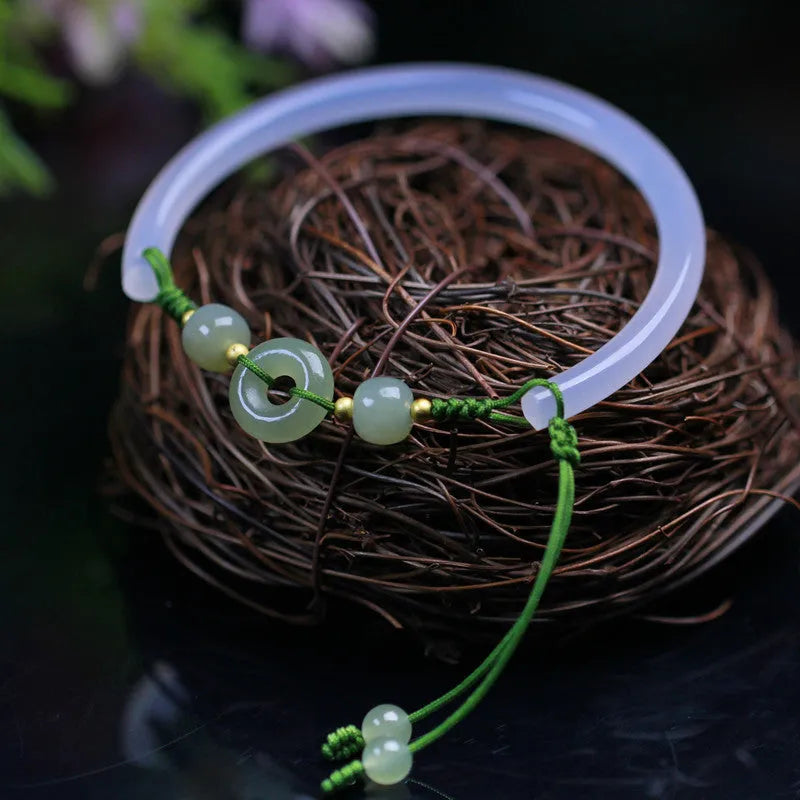 Hand-woven white agate bracelet with Hetian jade beads and peace buckle closure