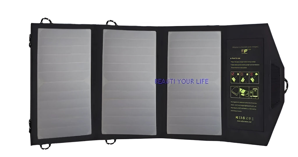 Black foldable solar panel charger with dual USB ports, shown unfolded with mounting loops