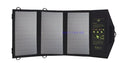 Black foldable solar panel charger with dual USB ports, shown unfolded with mounting loops