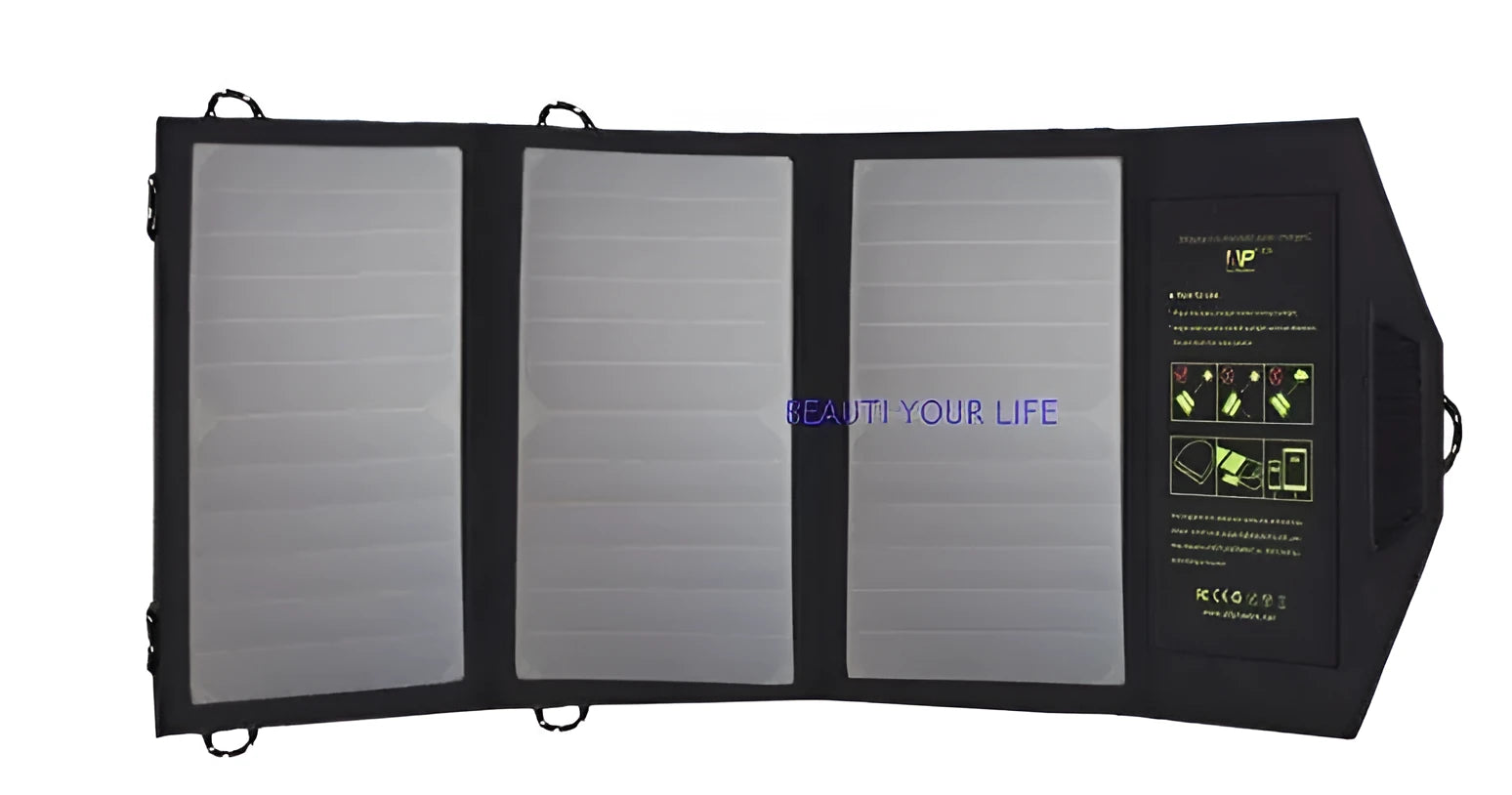 Black foldable solar panel charger with dual USB ports, shown unfolded with mounting loops