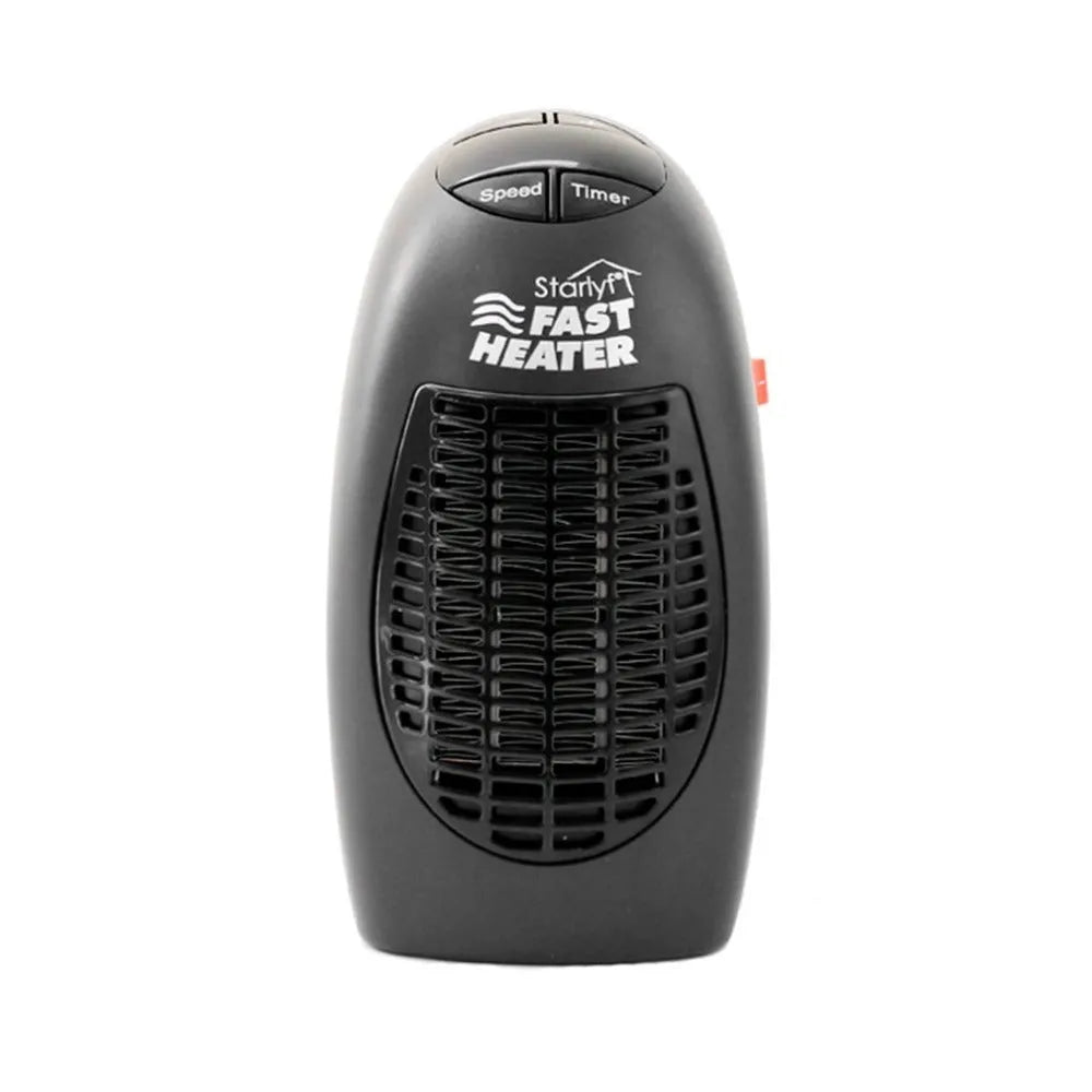 Black compact ceramic electric heater with digital display and a rotating plug on a desk.