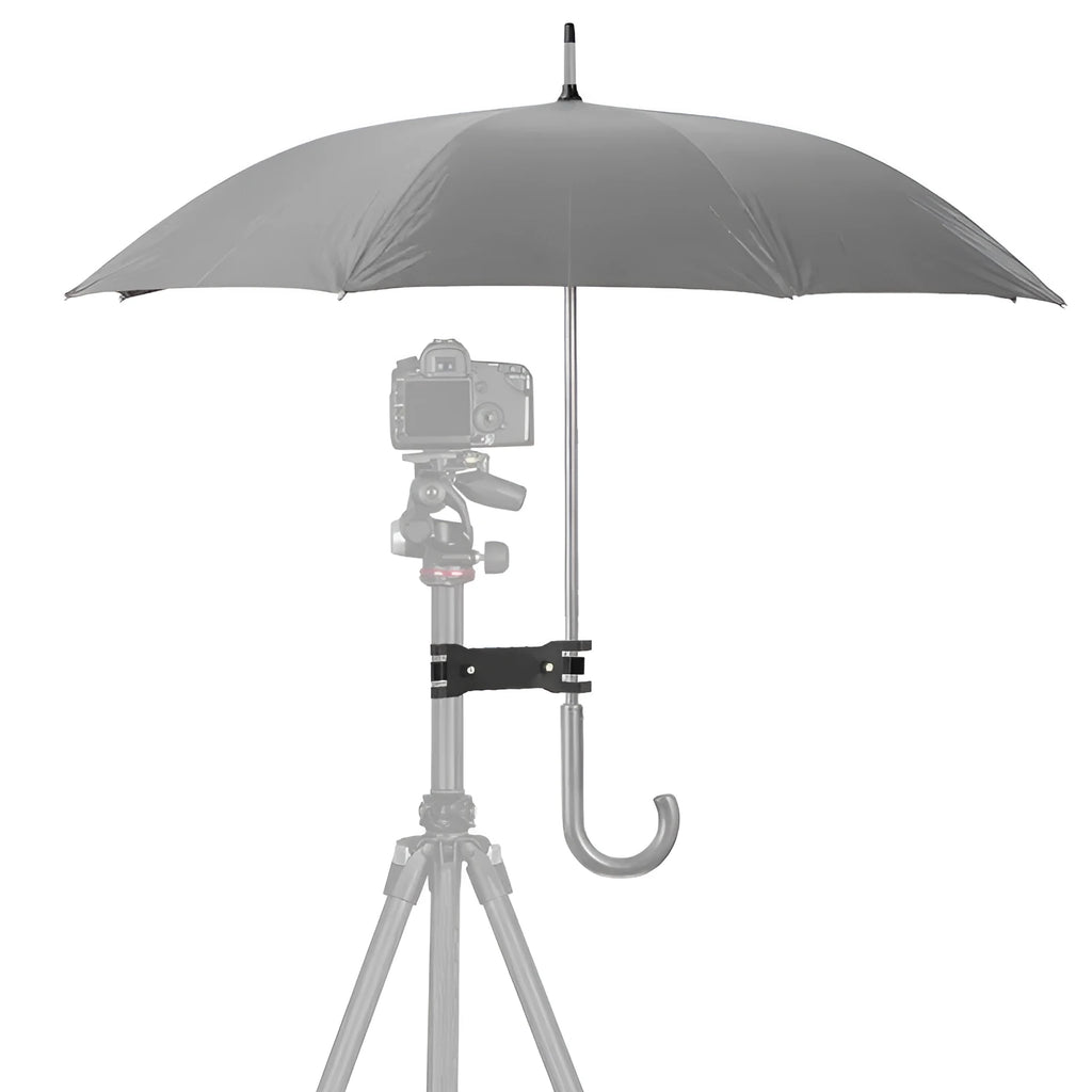 Black ABS plastic umbrella clip camera mount accessory compatible with Apple tripod systems