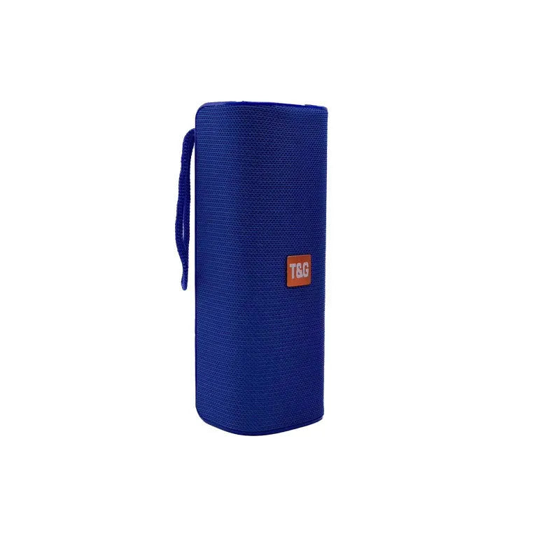 Fabric-covered portable Bluetooth speaker with USB port and control buttons