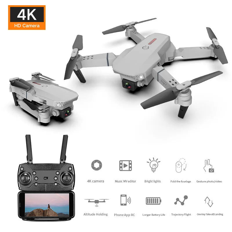 Grey foldable 4K drone with dual camera mounted on ABS body with LED lights