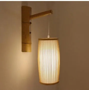 Natural bamboo woven pendant light with open weave pattern for hallway staircase lighting