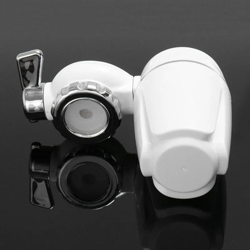 White plastic faucet water filter with ceramic cartridge and universal adapters for kitchen tap installation