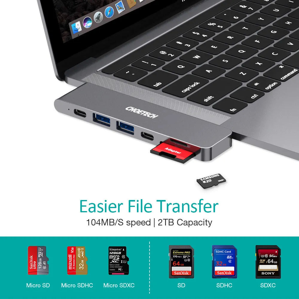 USB C hub adapter with SD card reader, Thunderbolt 3, USB C PD charging, HDMI, and USB 3.0 ports