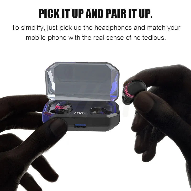 Black X10 Bluetooth wireless headset with charging case showing 8-hour call time and 3000mAh battery