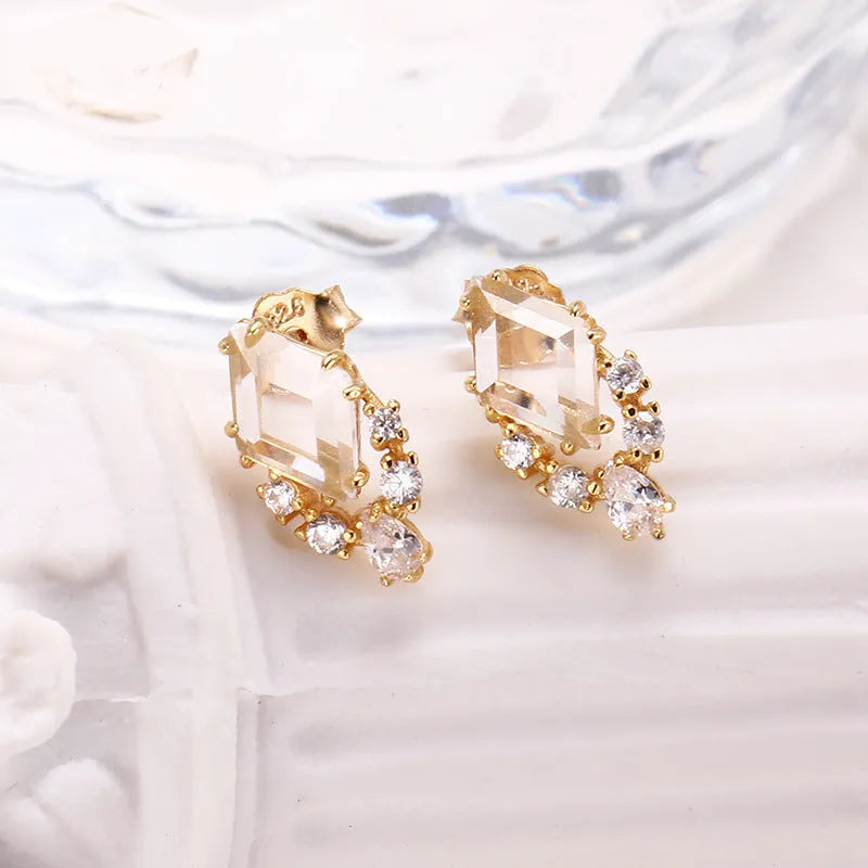 Geometric sweet white crystal earrings made from 925 sterling silver