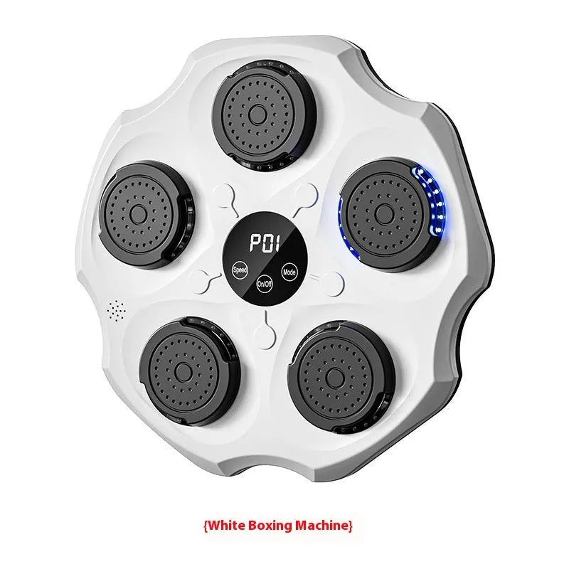 Hanging black Bluetooth music boxing wall target with a single red boxing glove mounted on a home wall.