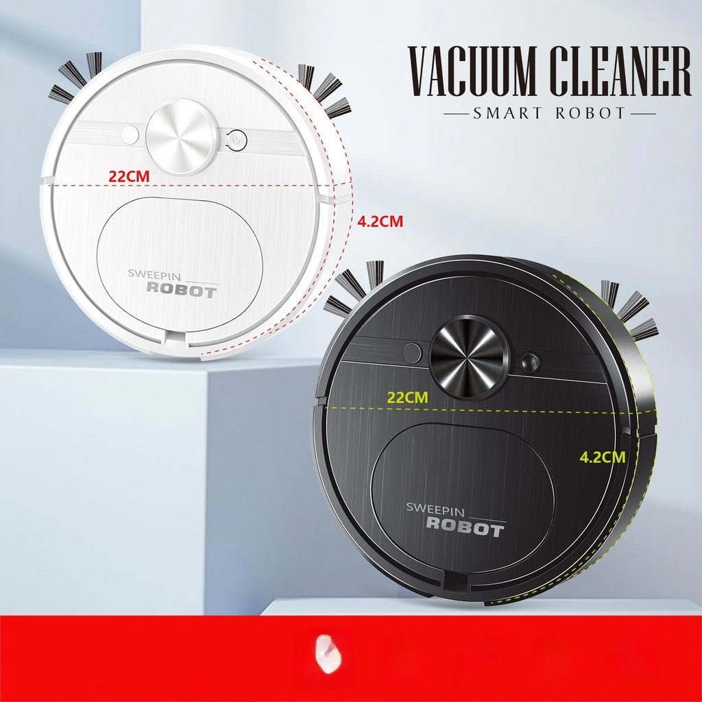 Black and white three-in-one USB charging automatic robot vacuum cleaner with mop and brushes.