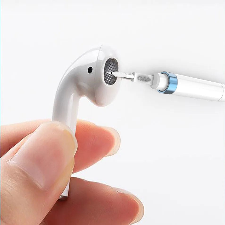 Blue headphone cleaning pen with extended brush and metal nib for electronics