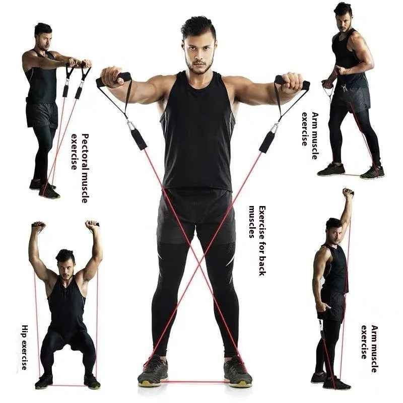 Door-mounted fitness pulling rope with ABS hook, part of an 11-piece sports set in packaging.