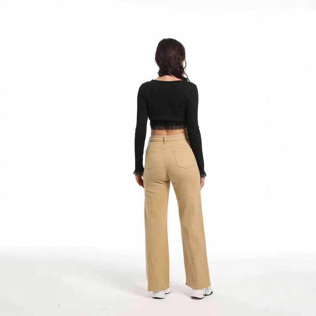 Women's high waist wide leg jeans in apricot colour, made from cotton with high elasticity.