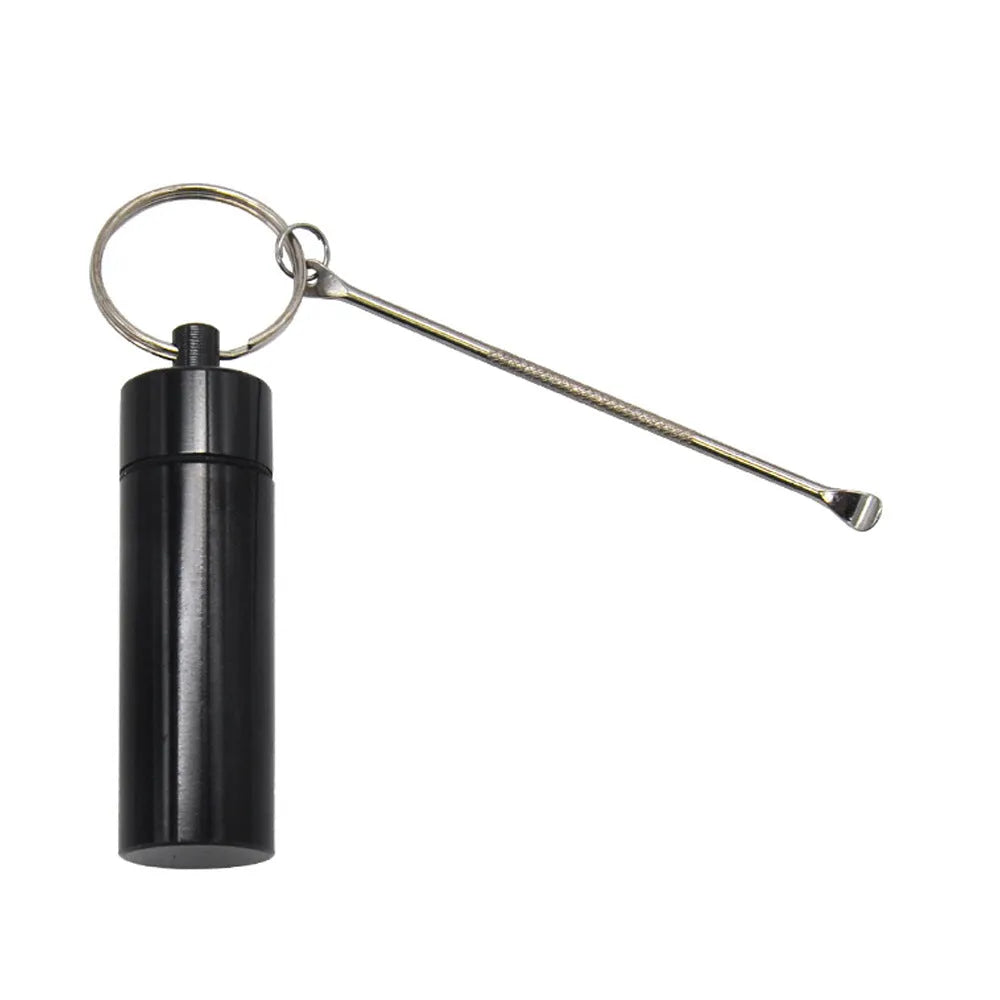 Aluminium portable pill storage bottle with keychain loop in one of five colour options: black, blue, gold, green, or red.