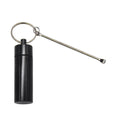 Aluminium portable pill storage bottle with keychain loop in one of five colour options: black, blue, gold, green, or red.