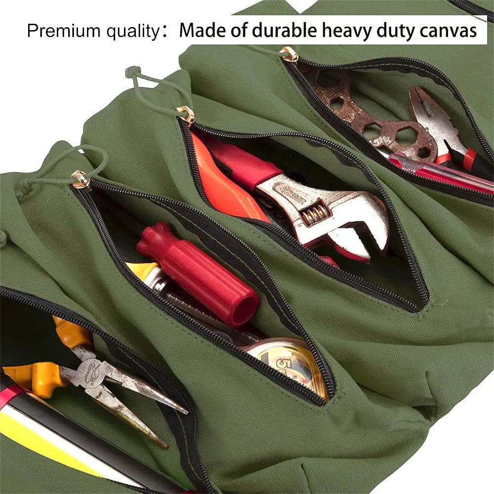 Super Roll Tool Roll multi-purpose wrench roll in Oxford cloth, khaki colour, rolled up with tools visible