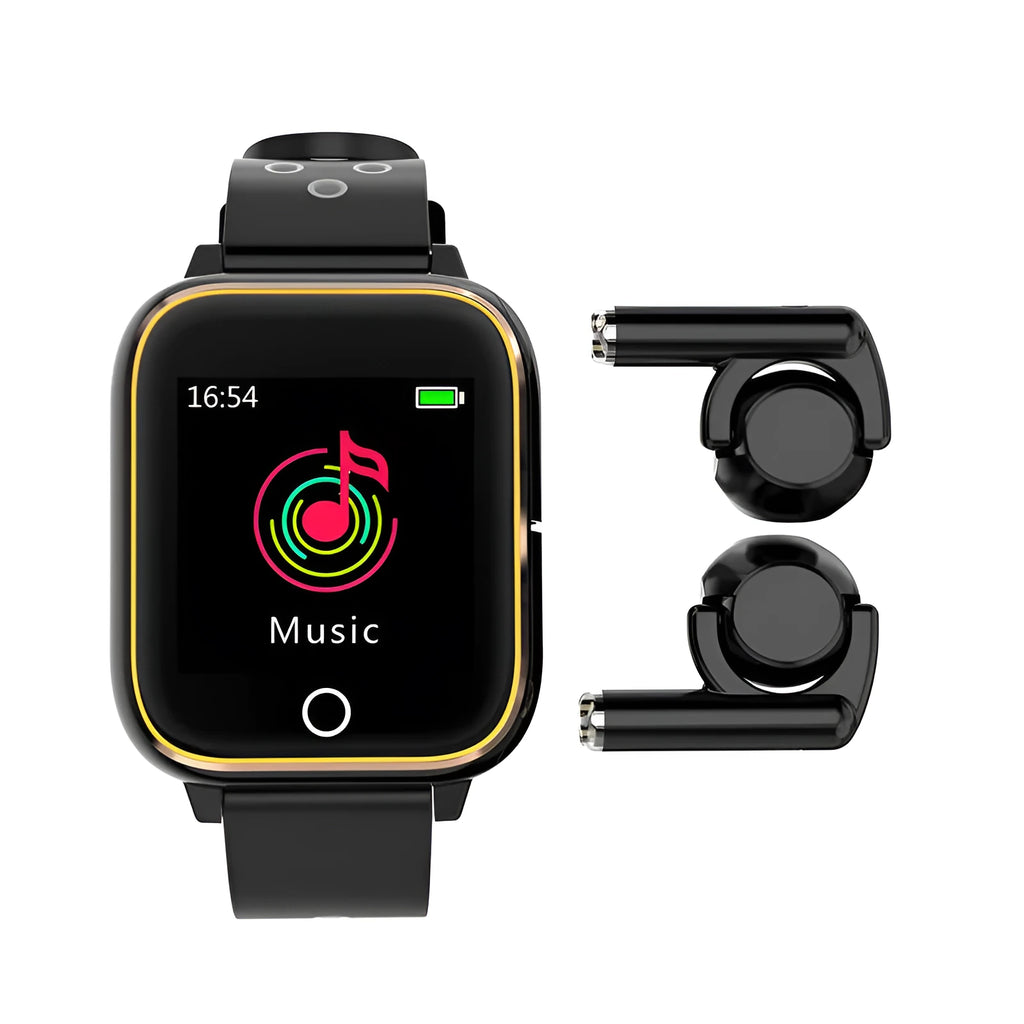 Black smartwatch with integrated Bluetooth earbuds stored in the wristband, showing a heart rate reading on its screen.