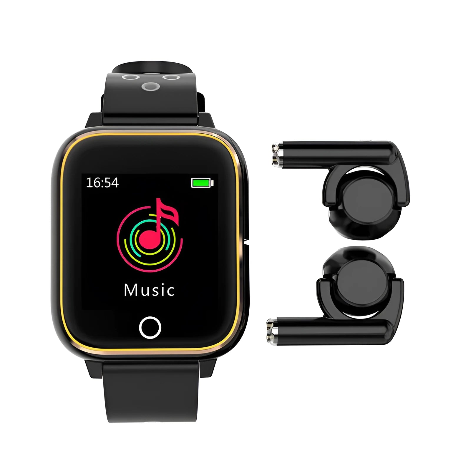 Black smartwatch with integrated Bluetooth earbuds stored in the wristband, showing a heart rate reading on its screen.