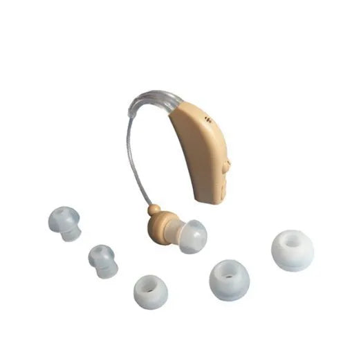 Rechargeable behind the ear hearing aid amplifier with Mini ear receiver and wireless charging case.