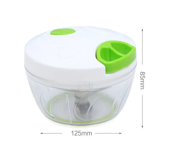 Green manual food chopper with three stainless steel blades and a 500ml plastic container.