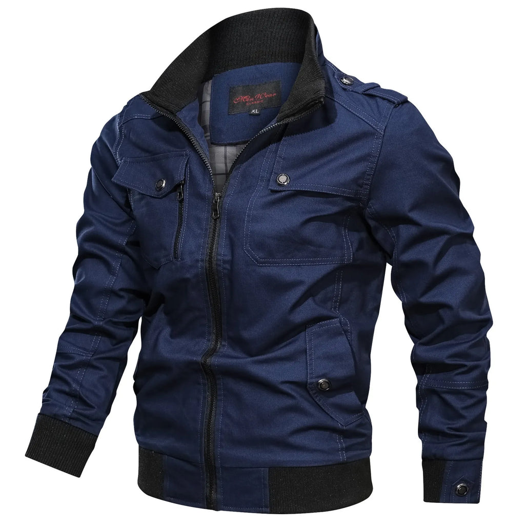 Solid colour cotton stand collar jacket for men with side pockets in black, blue, green, khaki, maroon