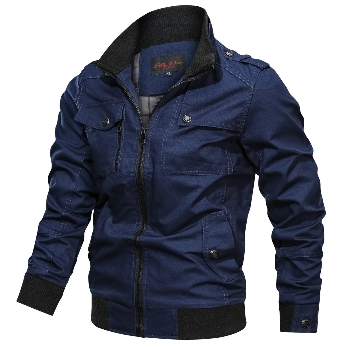 Solid colour cotton stand collar jacket for men with side pockets in black, blue, green, khaki, maroon
