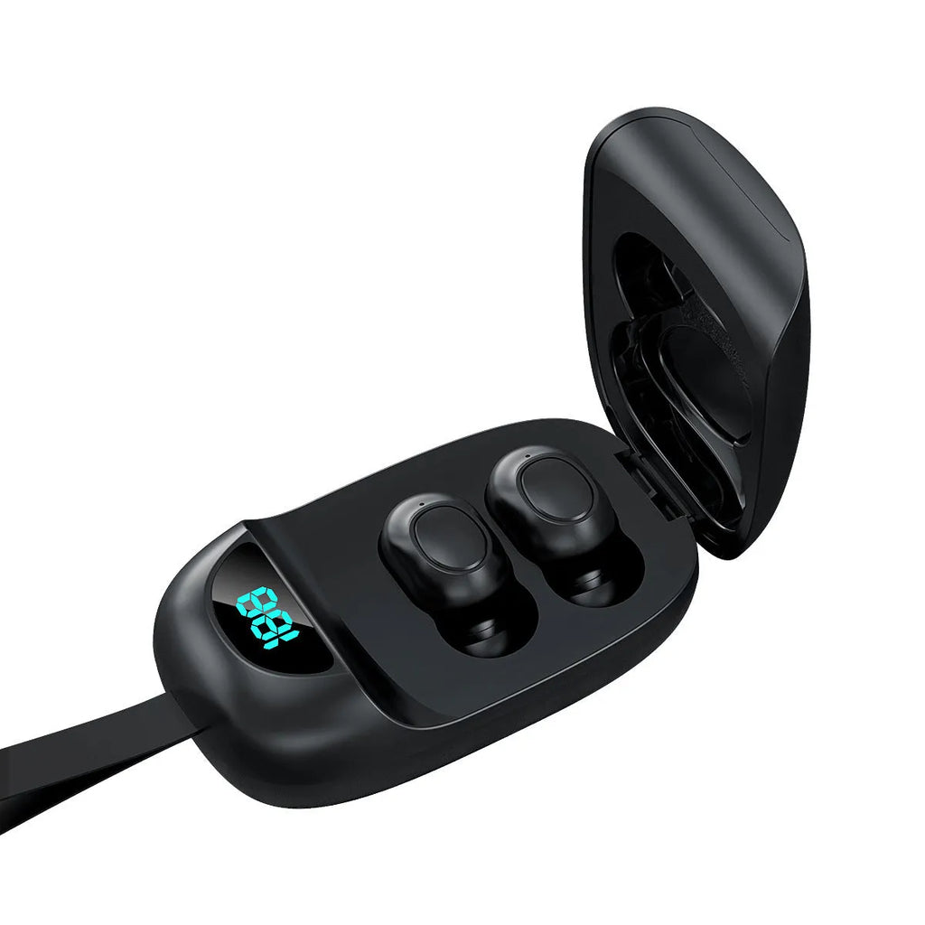 Black wireless Bluetooth TWS earphones with smart charging case displayed