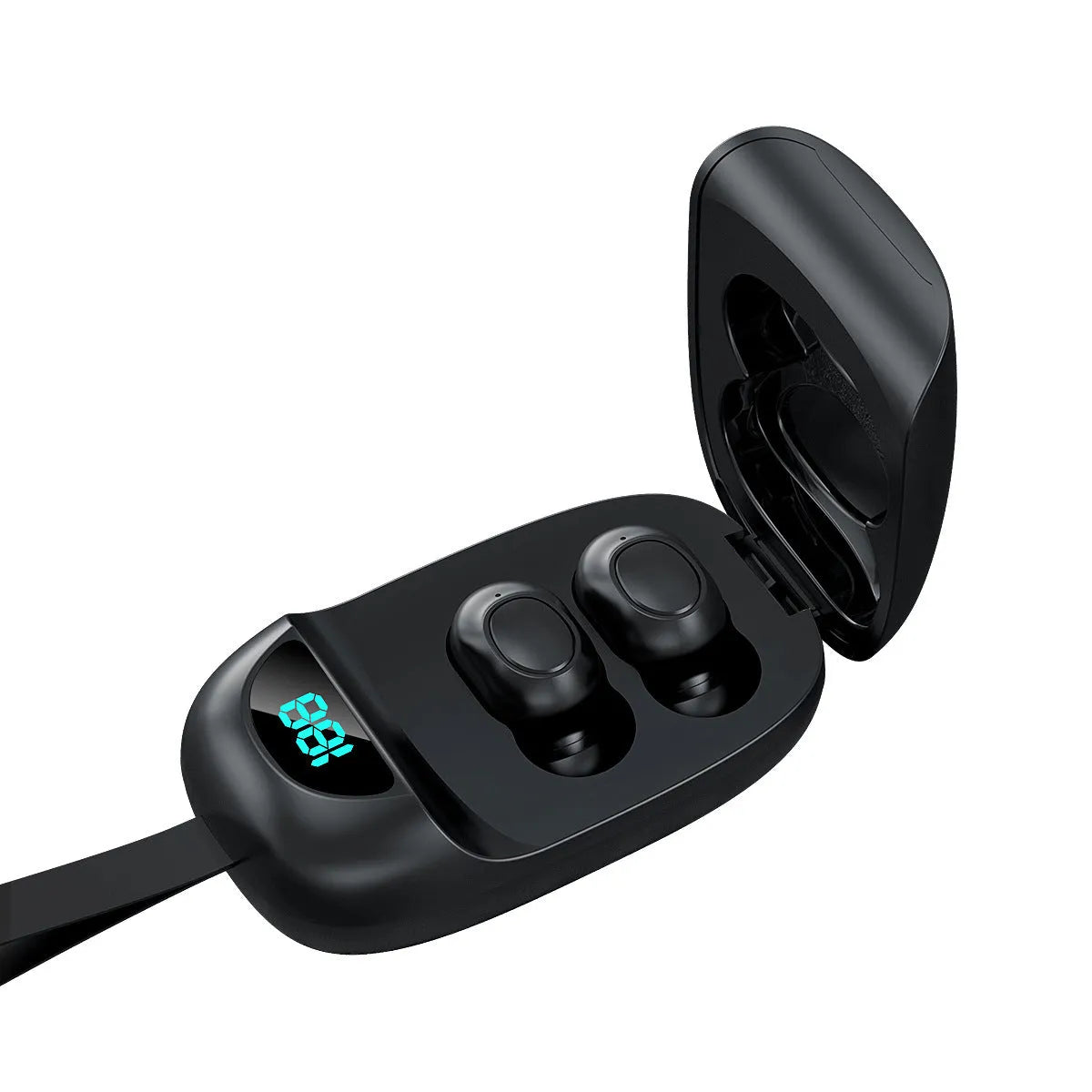 Black wireless Bluetooth TWS earphones with smart charging case displayed