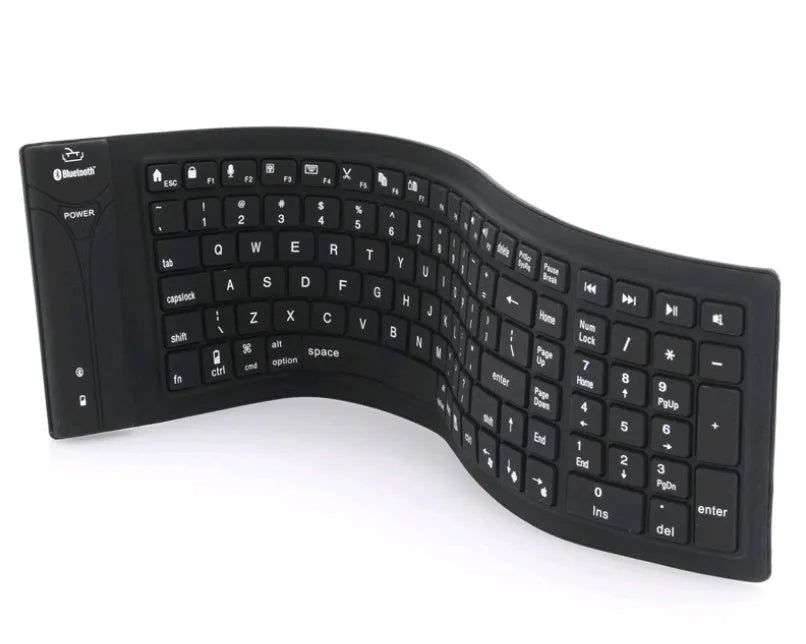 Black foldable silicone Bluetooth keyboard with 108 keys, unfolded, showing full key layout