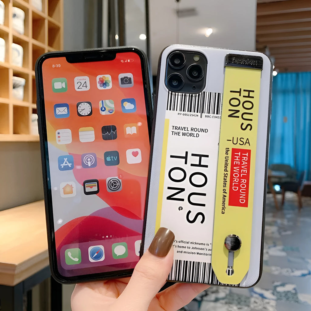 Purple labelled TPU and PC mobile phone case for Apple iPhone with an attached wrist strap.