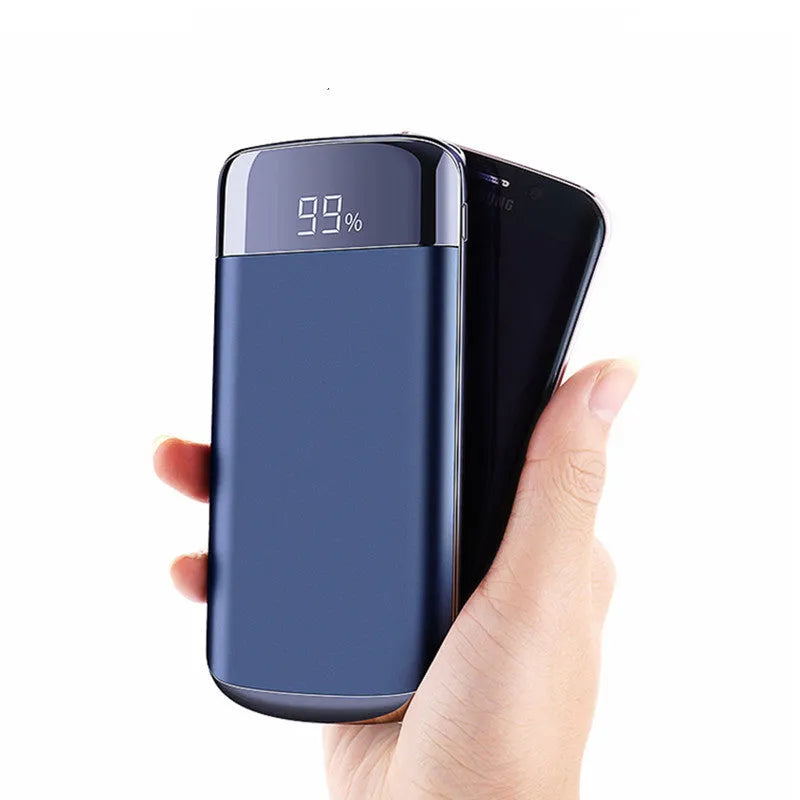 Square aluminium case power bank with battery display showing five colour options: black, blue, gold, pink, white