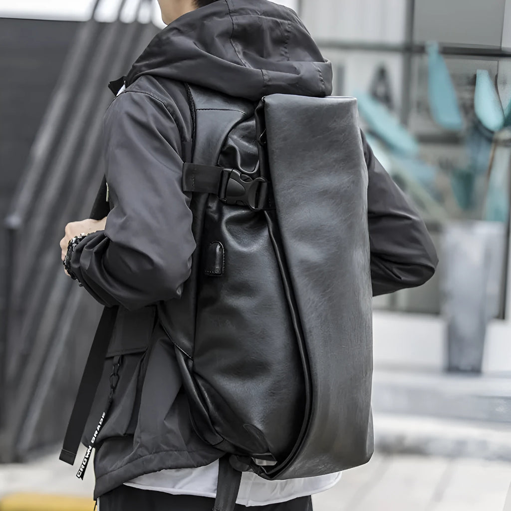 Black PU leather men's shoulder bag with square shape, car suture detail, and double straps