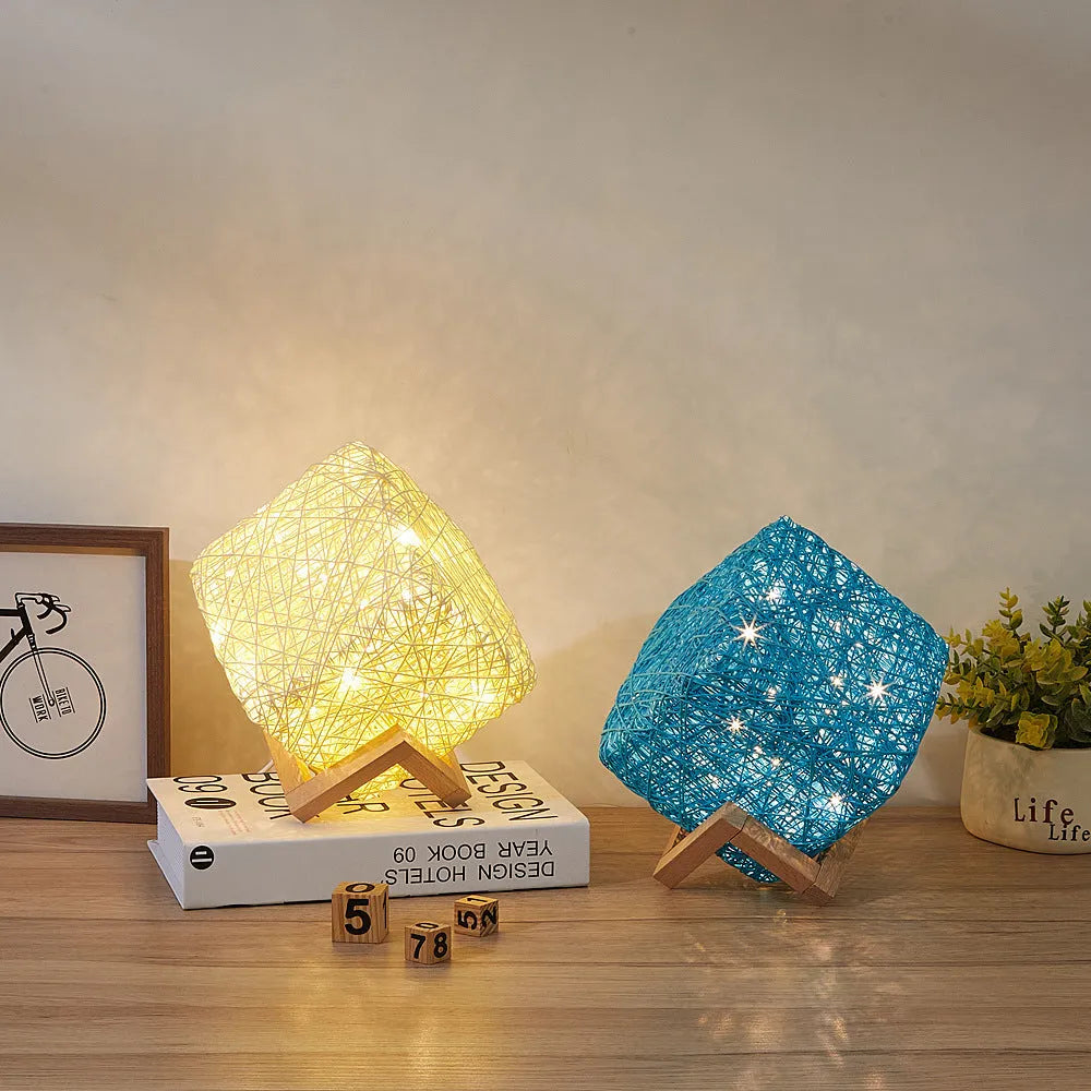 Hand-knit square LED desk lamp with bamboo rattan shade and wood base, USB charging, beige colour