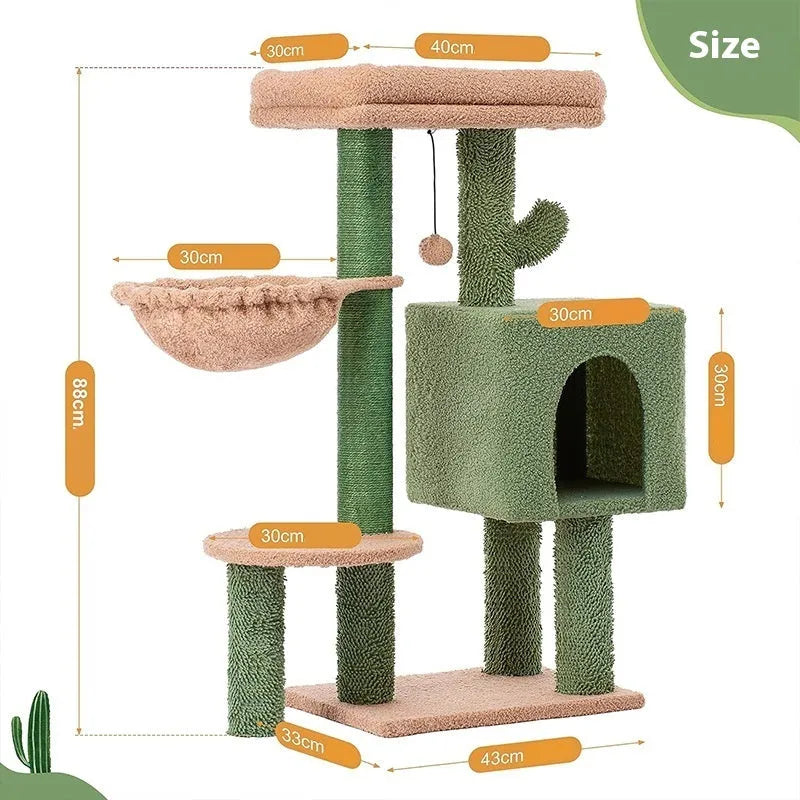 Green cactus wooden cat climbing frame 43x33x87cm with jumping platform and shelf for small and medium-sized cats