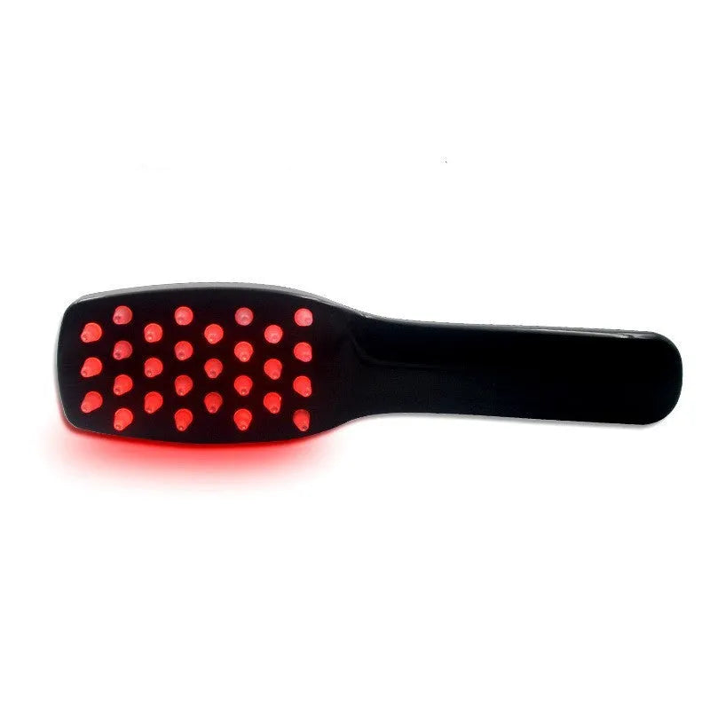Iridescent scalp massager with push-button control, three speed gears, and USB charging cable on white background