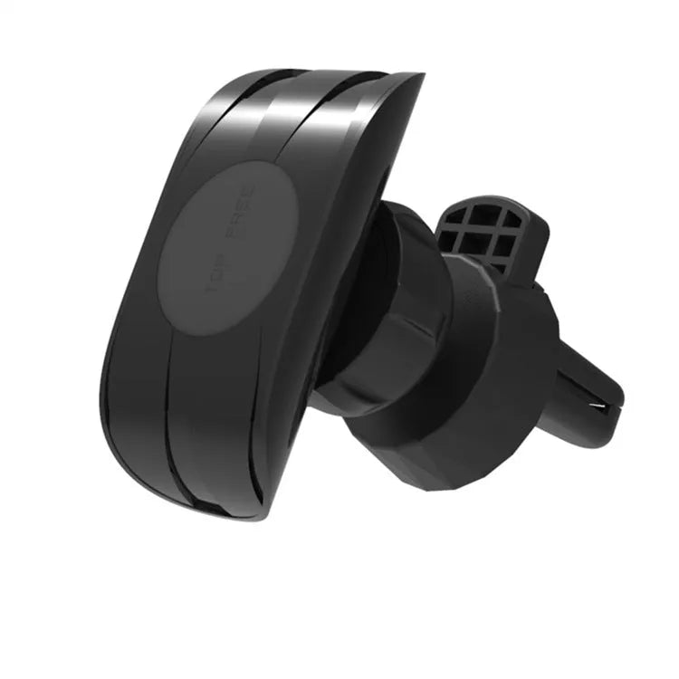 Black car phone holder clipped to vehicle air vent holding smartphone for navigation