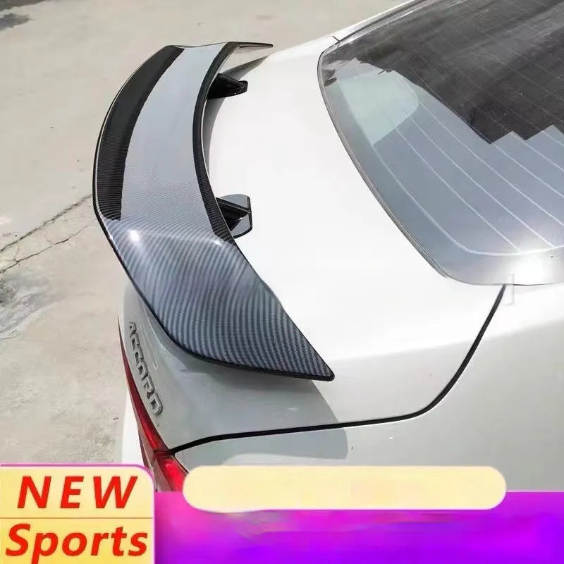 Universal punch-free ABS car spoiler in bright black, carbon, white, and blank finishes.