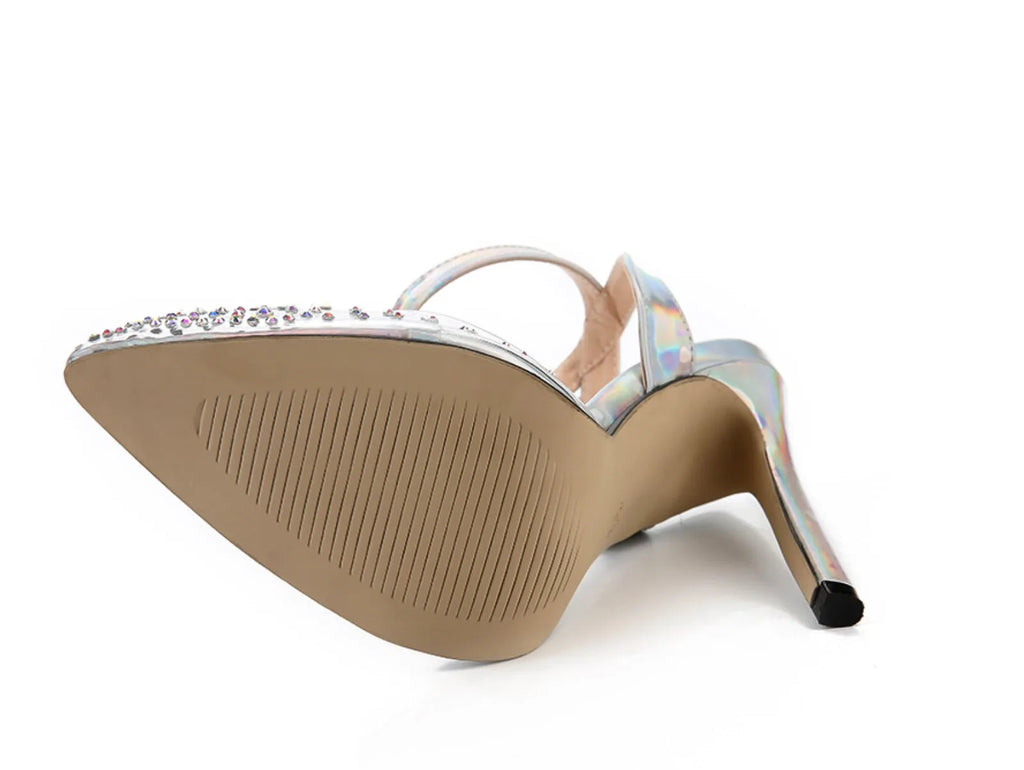 Women's pointed-toe stiletto sandals with a diamond detail on the PVC upper.