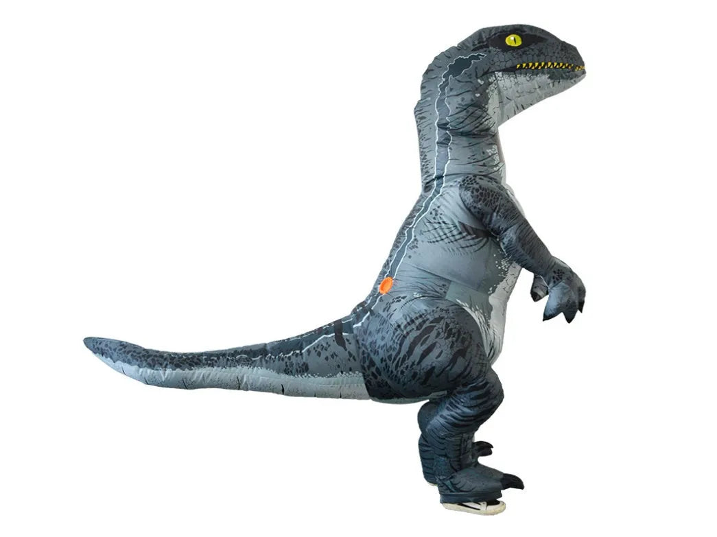 Inflatable Tyrannosaurus Rex dinosaur costume from Jurassic World, blue colour, with fan battery pack and shoe covers