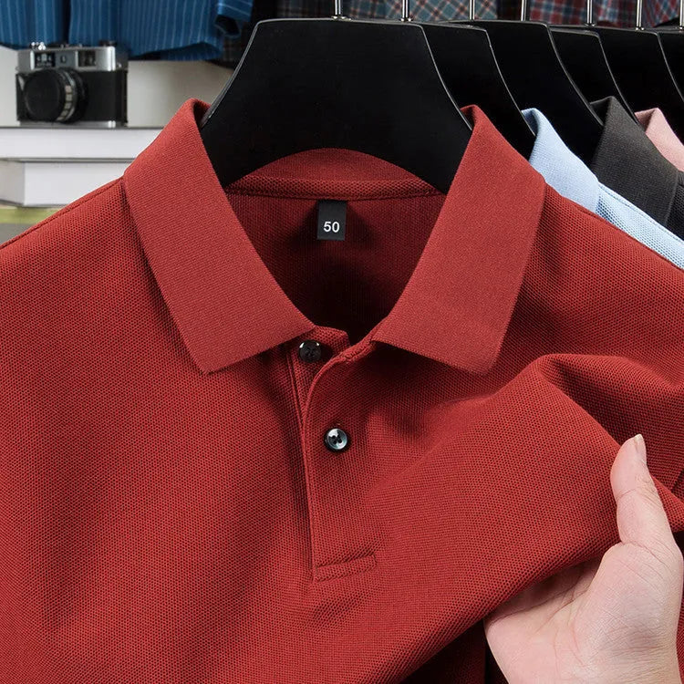 Men's casual polo collar short sleeve top in mercerized cotton, available in multiple solid colours