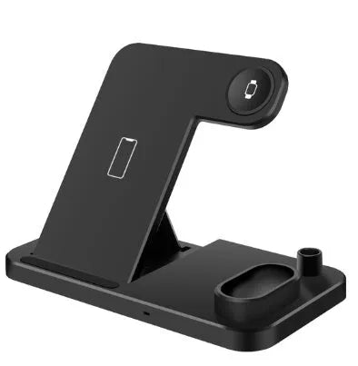 Black 4-in-1 wireless charger with magnetic phone stand charging an iPhone, Apple Watch, and AirPods.