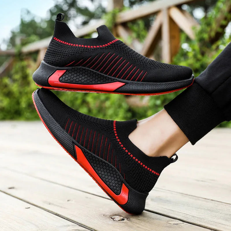 Men's black and white striped mesh sock running shoes with lace-up front