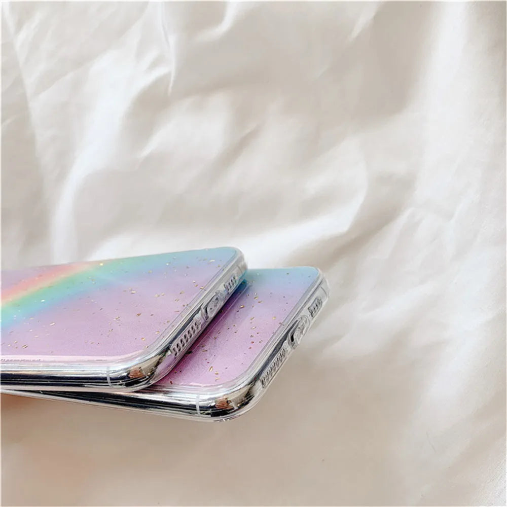 Rainbow gradient striped iPhone case made from flexible TPU material with protective shell design