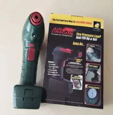 Compact portable car tyre inflator with digital pressure gauge showing 12V DC connection