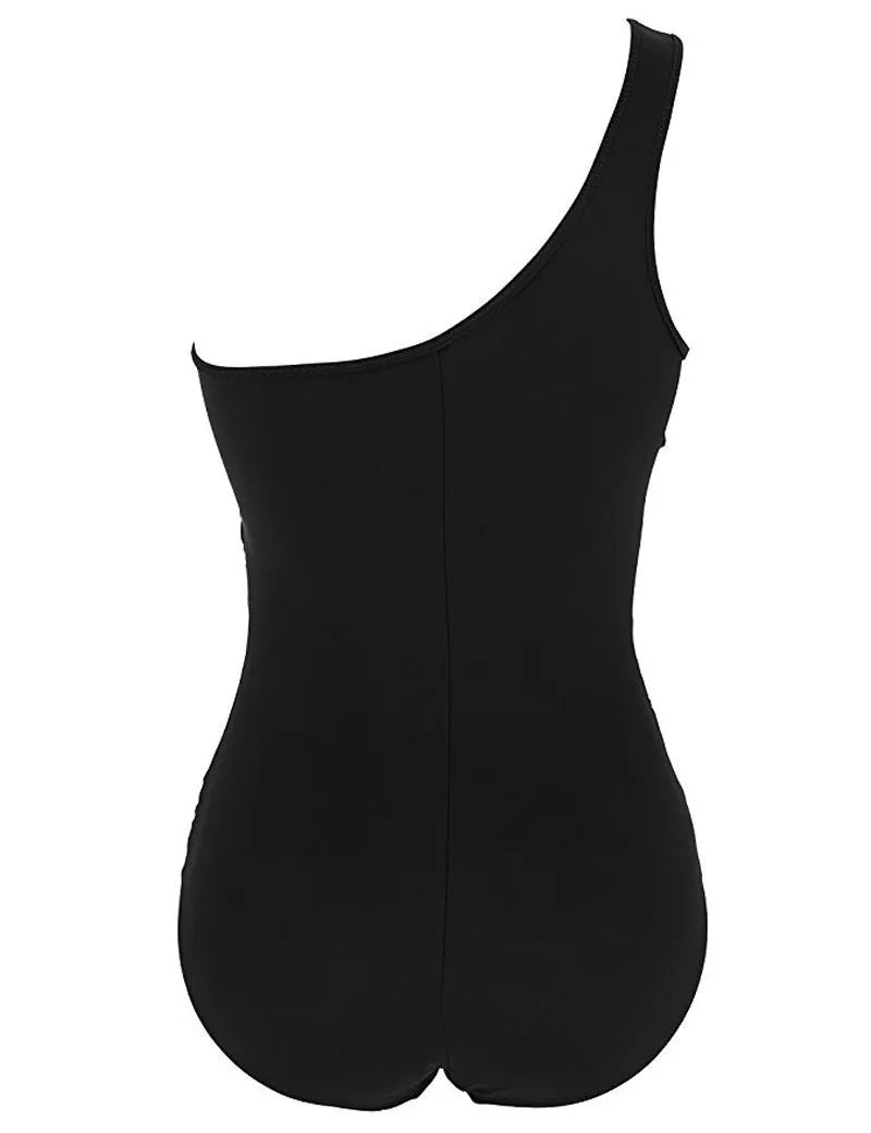 Women's plus size solid colour one-piece nylon swimsuit with chest pad in black, blue, and red